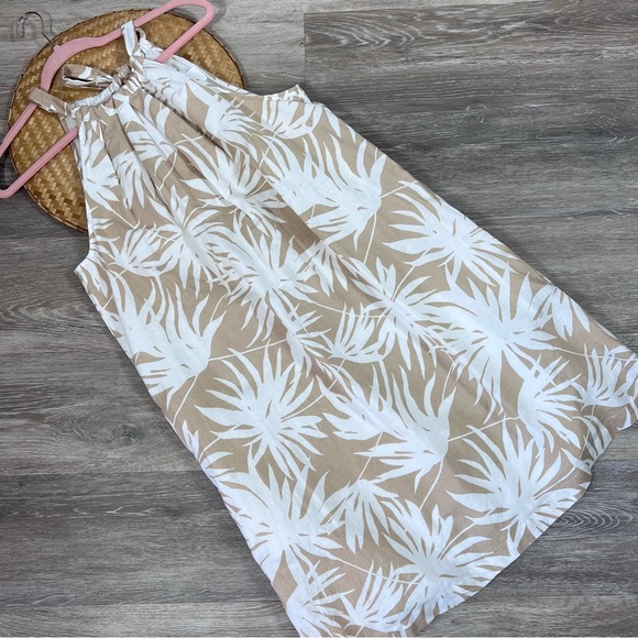 GAP linen tropical mini dress 12 TALL beige & white - Picture 2 of 7